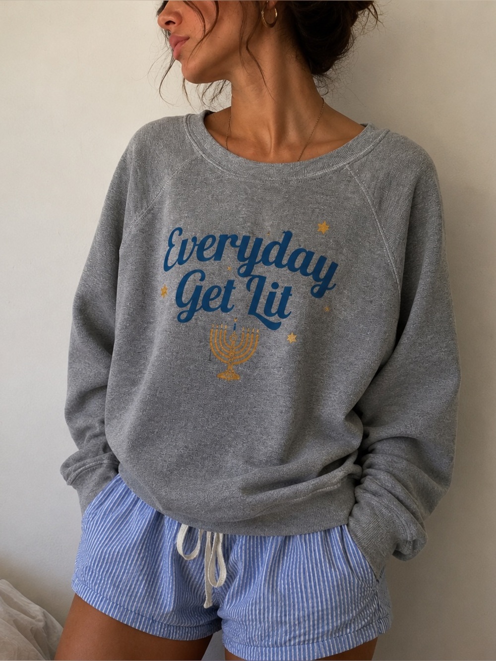 Wildfox Gray Hanukkah Cozy Girl Sweater Everyday Get Lit Menorah Graphic‎ Large